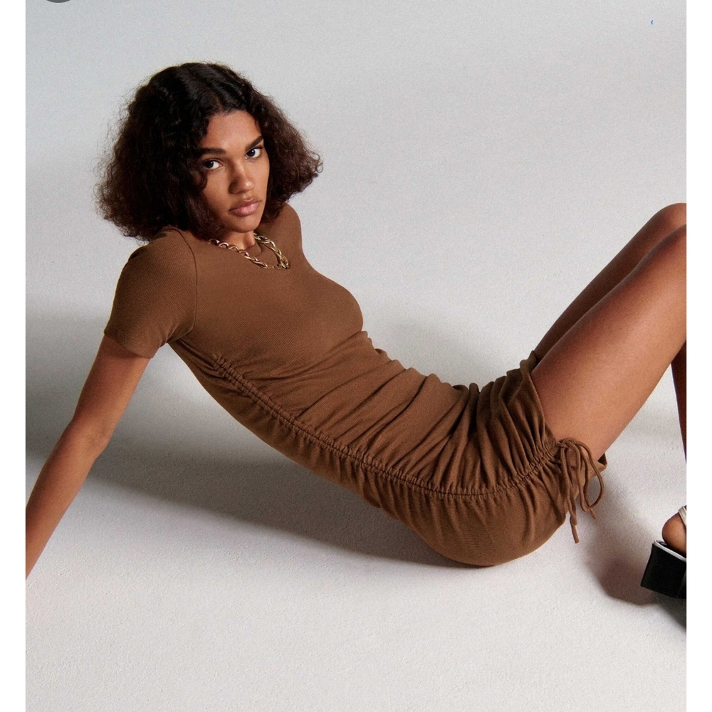 NWT Zara Ribbed Dress with Gathering in Brown
